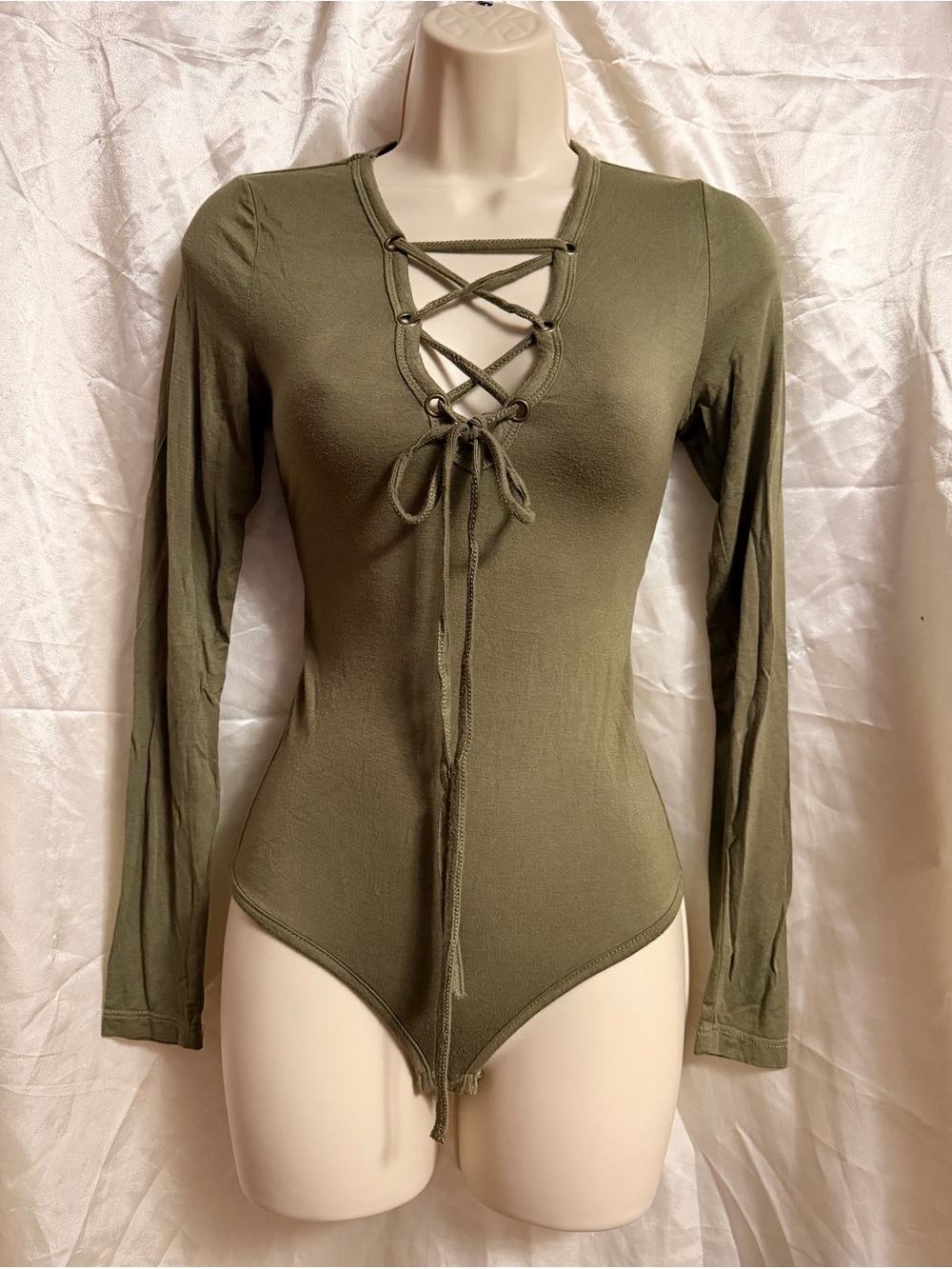 Lace-Up Long Sleeve Olive Bodysuit